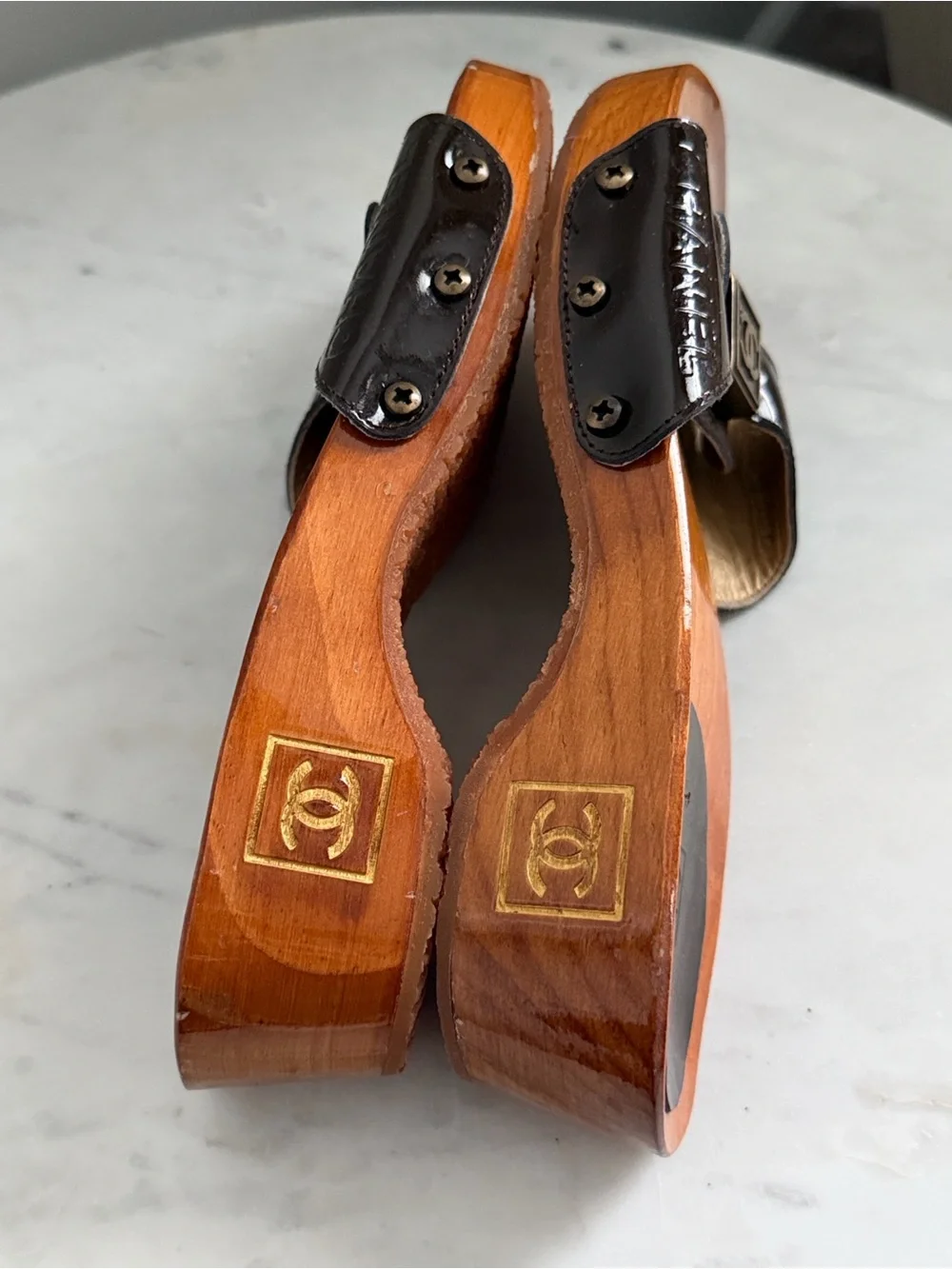 CHANEL Wood Slide Sandals with Gold CC Hardware Size 36 - Picture 7 of 12